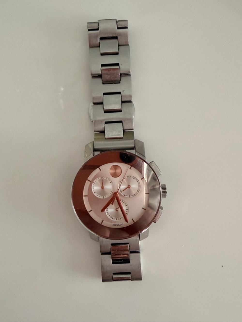 Movado Silver Bracelet Watch with Rose-Tone Dial